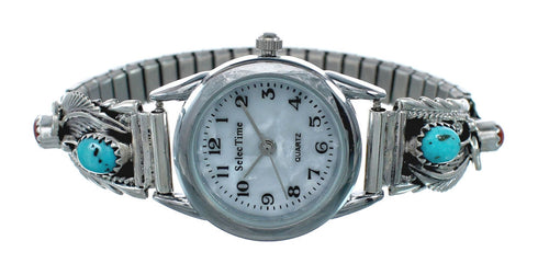 Navajo Sterling Silver Leaf Turquoise And Coral Watch NX11586